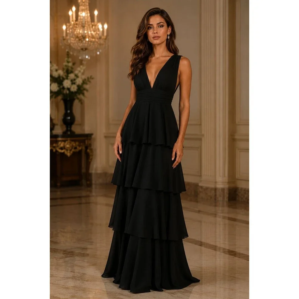 LULUS Amazing Evening Tiered Maxi Dress M Black Chiffon Dbl Deep V-Neck NWT B83
